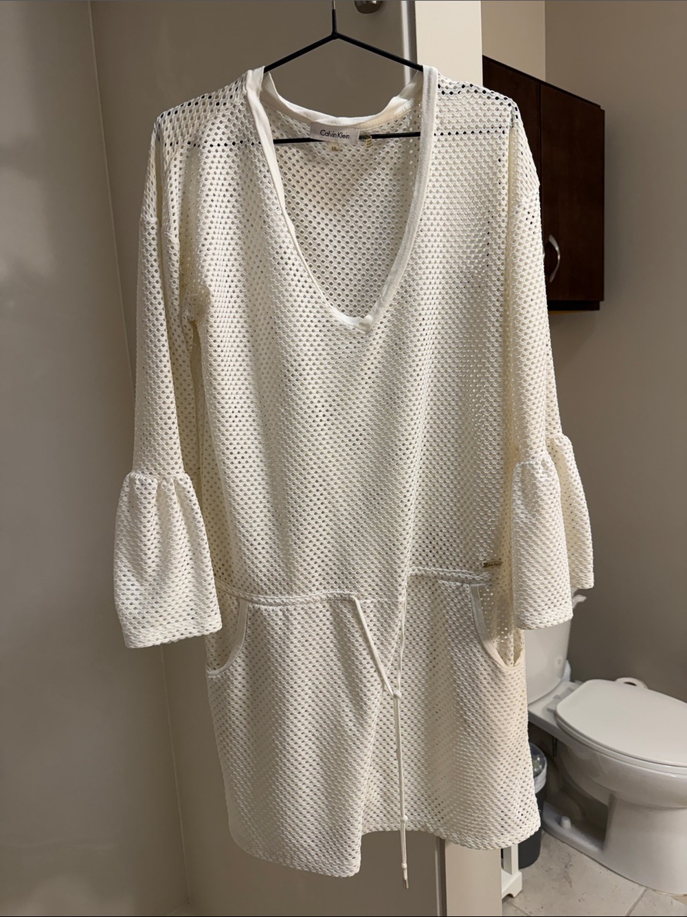 Calvin Klein Cream Open-Knit V-Neck Beach Tunic